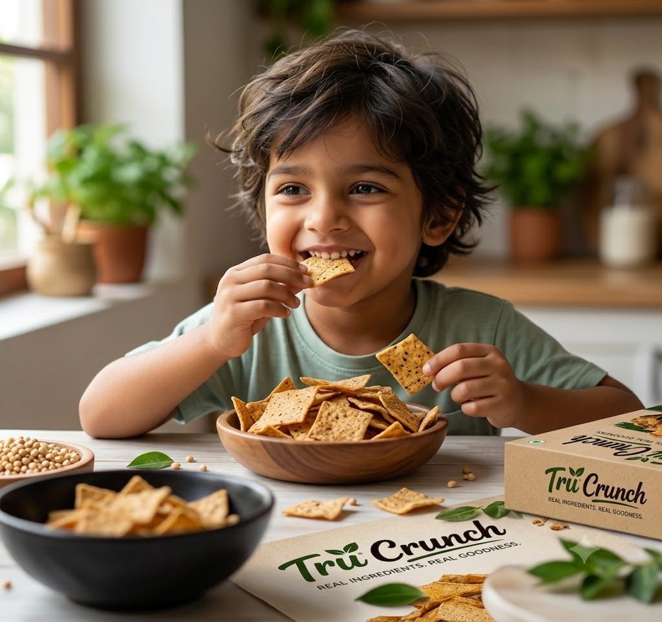 A happy kid enjoying TruCrunch snacks at home